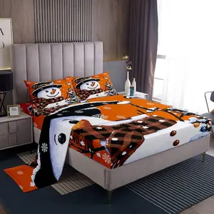 Christmas Theme Decorations Xmas Snowman Sheets Set for Boys Girls Teens,Snowflake Kawaii Cute Bed Sheet Set,Pumpkin Orange Fitted Sheet