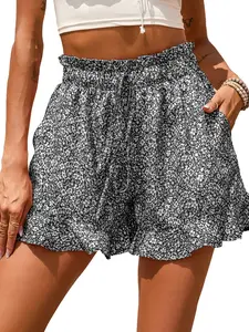 Summer Floral Chiffon Shorts, Boho, High Waist Drawstring Ruffle Design, Lightweight Breathable Daily Wear, Casual Pants with Pockets