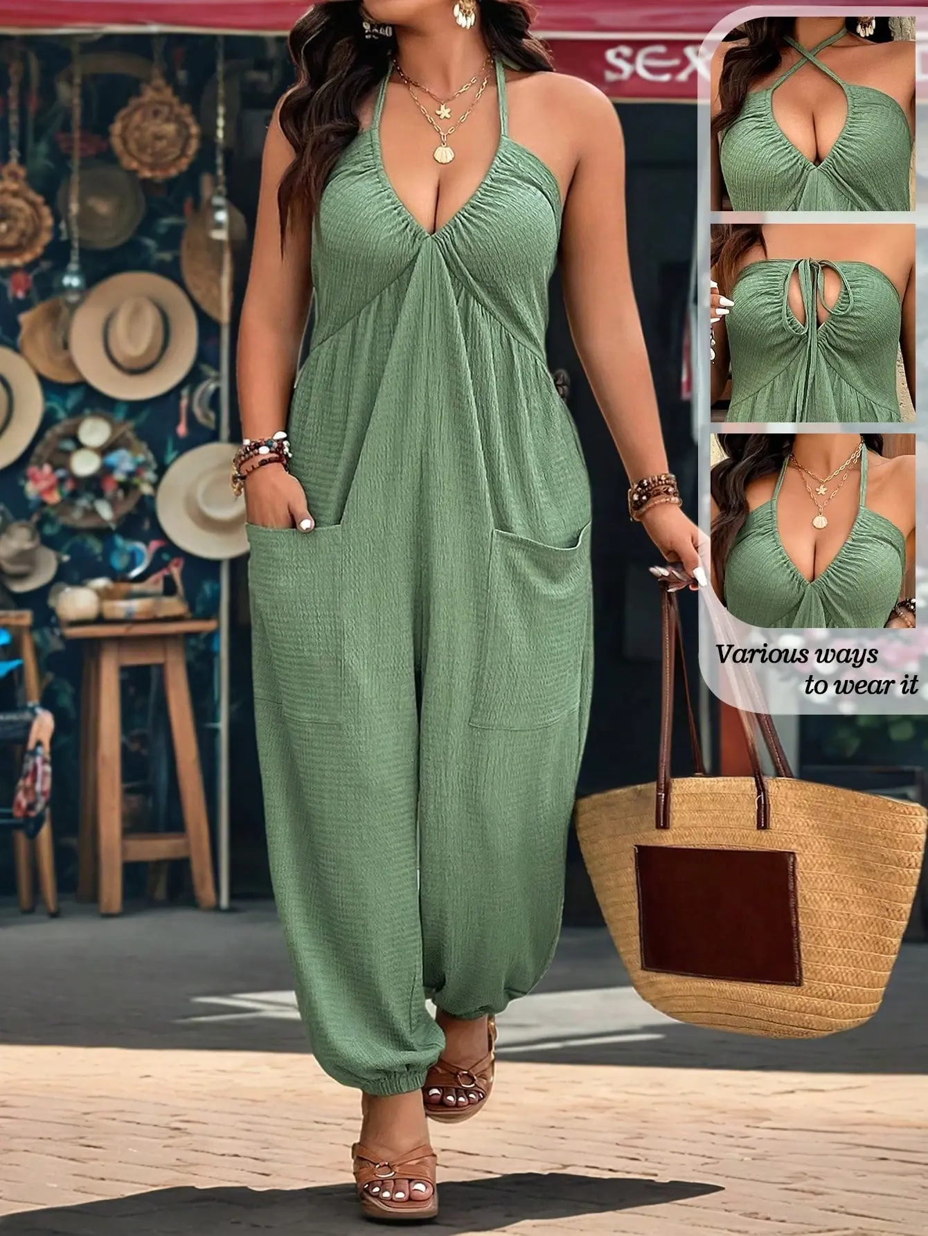 MOM Plus Size Wide Leg Jumpsuit Textured Fabric V-Neck Pocketed Drawstring Summer Vacation Outfit Casual Lounge Wear