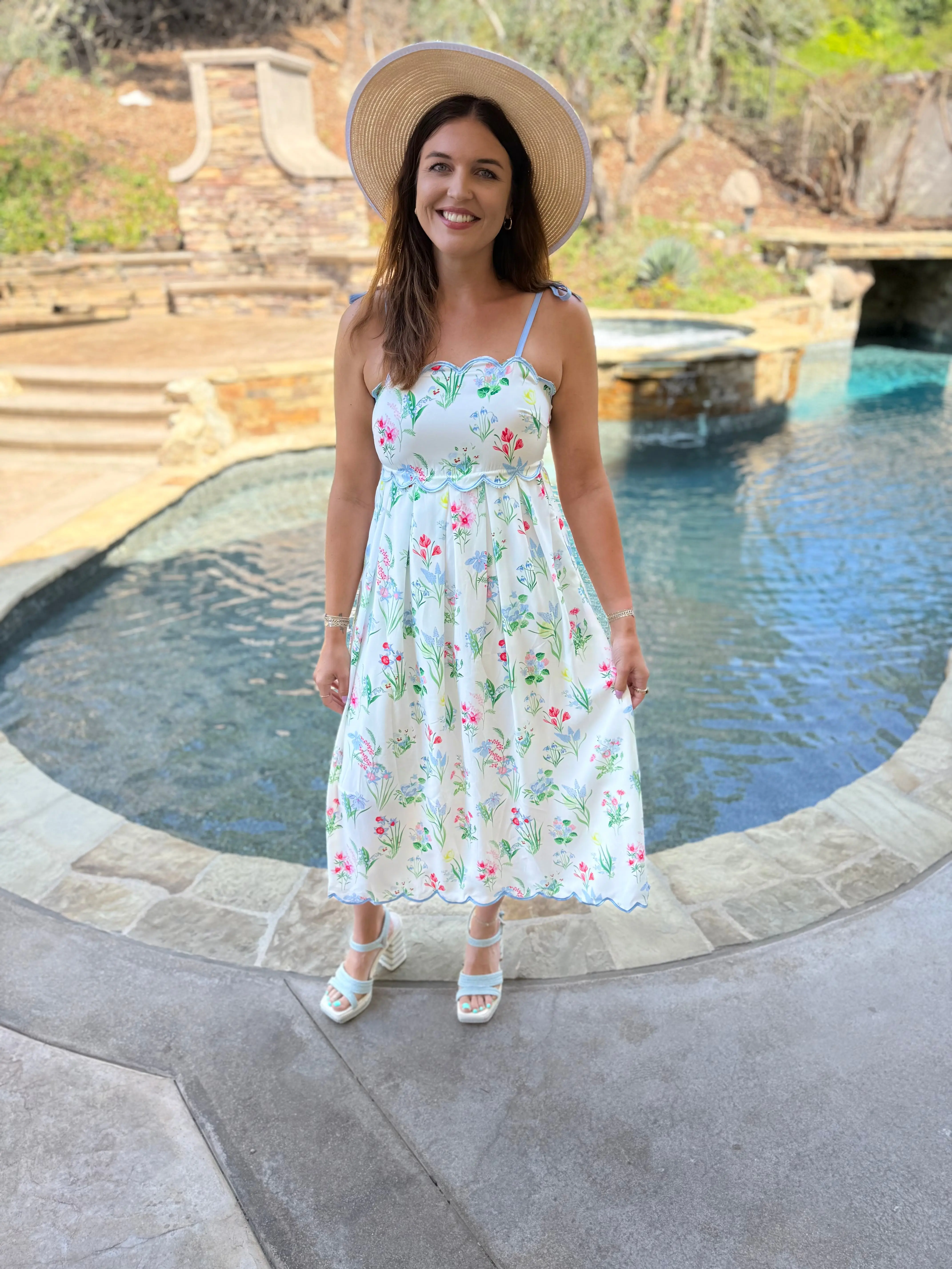Floral Print Scalloped Trim Self-tie Straps High Waist Midi Dress