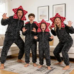 Stranger Things Demogorgon Onesie Upside Family Pjs Fleece Fabric Hooded Jumpsuit Kids Adults Family Cosplay Costume Pajamas Christmas New Year Sleepwear for Boys and Gilrs Clothes