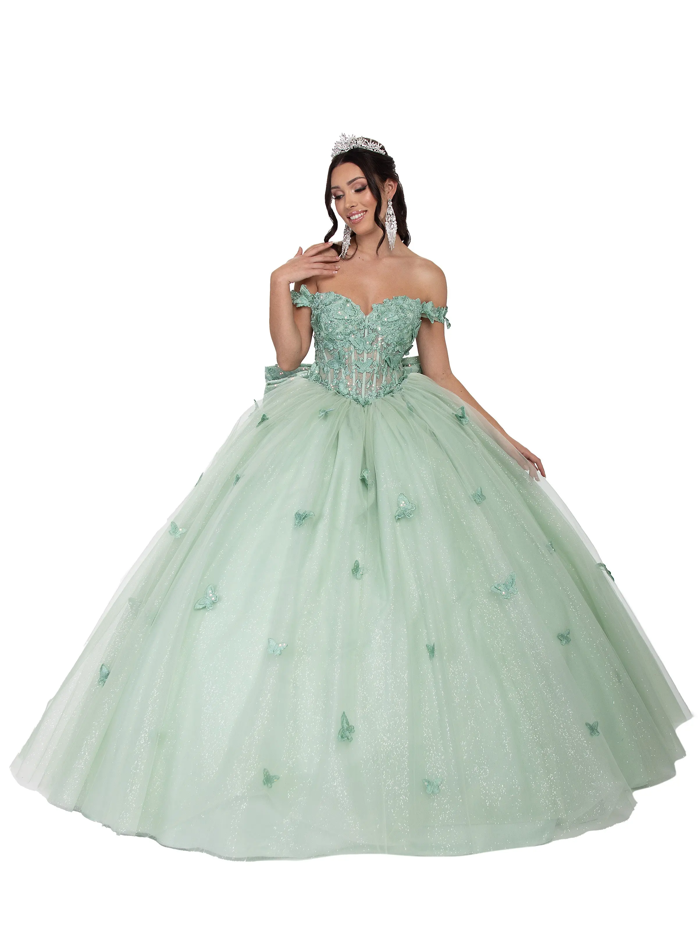 Quinceañera Dress 78132-XA Off the Shoulder Sweetheart Neckline Butterfly Detailed Skirt with Rhinestones See Thru Corset Detachable Bow