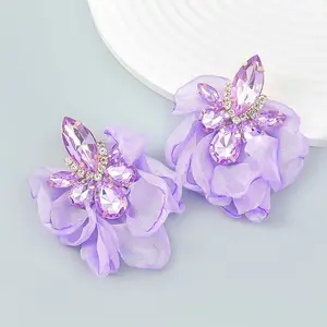 Alloy Diamond-embedded Fabric Flower Earrings