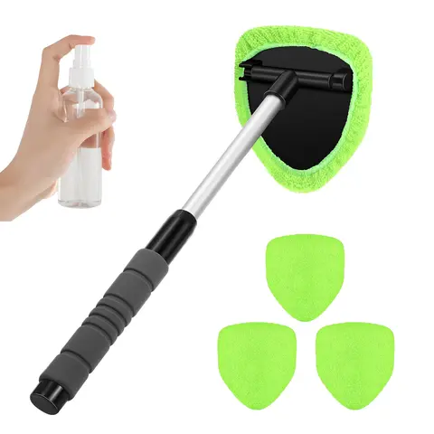 Windshield Cleaning Tool, Microfiber Car Window Cleaning Tool with 4 Reusable,Washable Microfiber Pads,Extendable Handle,Auto Interior Exterior Glass Wiper Car Glass Cleaner Kit,Car Cleaning Supplies