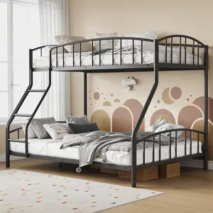 Bunk Bed Twin Over Full with Ladder and Arched Guardrail, Heavy Duty Bunkbeds Frame with Sturdy Steel Slats Support for Kids Boys Girls, Space-Saving, No Box Spring Needed, Black