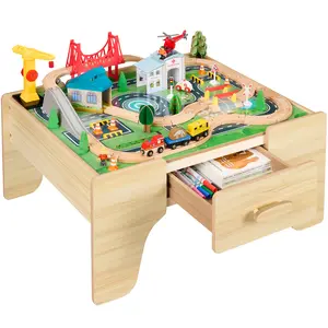 Wooden Train Set Table for Toddlers, 56pc Multi-Activity Table for Kids w/Toy Storage Drawer & Reversible Top