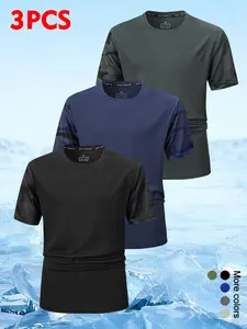 3-Pack Men's Performance Short-Sleeve T-Shirts - Camouflage Panel Sleeves, Quick-Dry, Breathable Athletic Tops for Gym & Casual Wear