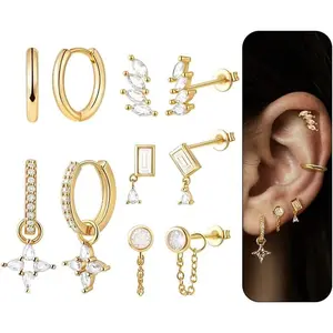 Gold Hoop Stud Earrings Stacks for Women,14K Gold Plated Chain Earring Sets,Hypoallergenic Drop Dangle Earrings for Women,20G Christmas Earring for Multiple Piercing