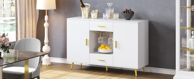 DWVO Sideboard Buffet, Buffet Cabinet Storage Credenza w/Adjustable Shelf, Wine Glass Holder, Drawers, Modern White & Gold Dresser 300 lbs Capacity for Living Room, Kitchen, Dining Room, White