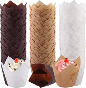 240 Pieces Mini Tulip Baking Cups Muffin Liners Cupcake Cases Baking Cup Holders for Wedding Birthday Baby Shower Eco-friendly Odor-free Greaseproof Brown Natural White