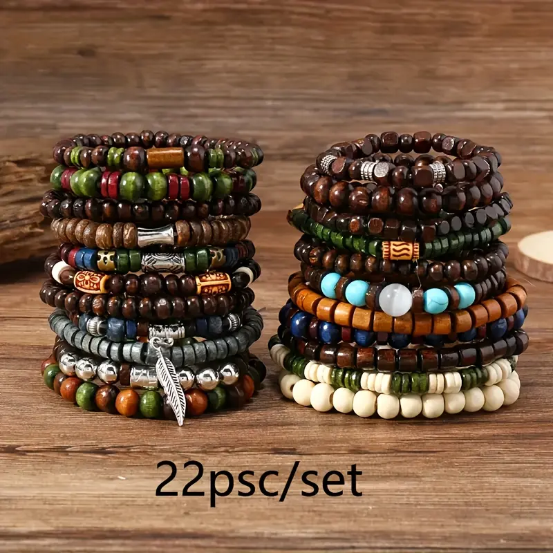 22pcs  Bohemian Style Wooden Bead Bracelet, Fashionable Layered Bracelet Set, Suitable for Women and Men's Jewelry and Accessories