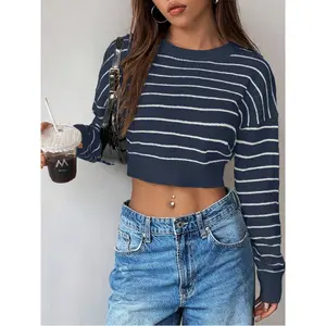 Striped Loose Casual Cropped Sweater For Women Crop Top Sweater Striped Crop Top Long Sleeve Top Soft Casual Sweater With Black Stripes And Regular Hem For Everyday Wear