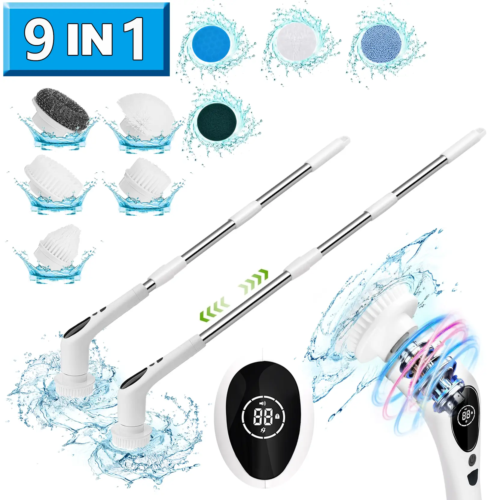 Cordless Electric Spin Scrubber 3 Adjustable Extension Handles for Bathroom, Kitchen, Tub, Tile, Floor, Toilet, and Household Cleaning