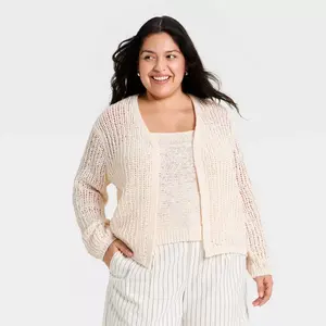 Women's Long Sleeve Tape Yarn Open Cardigan - A New Day Cream 3X
