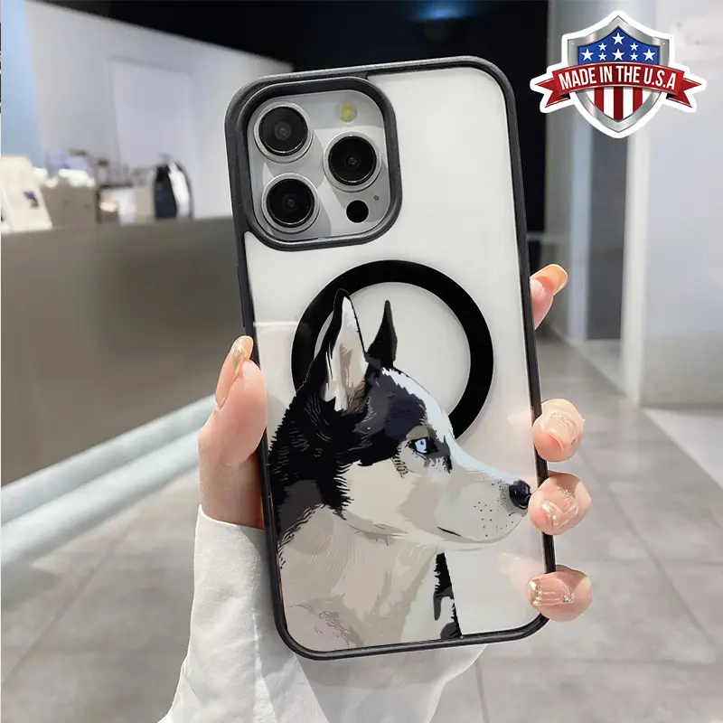 Husky Pattern Magnetic Phone Case for iPhone 16 15 14 Pro Max 13 12 11 XR E XS Plus Non-Yellowing Clear Crystal Drop-Proof Slim Silicone Shockproof Transparent Acrylic Cover Supports Wireless Charging.