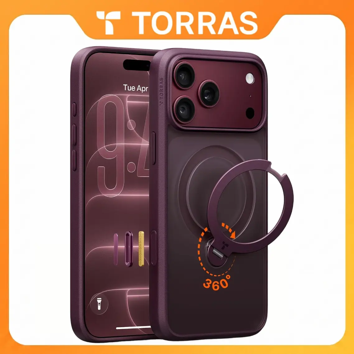 TORRAS Q3 Spin Polycarbonate Phone Case for iPhone 18/17 Pro Max, 360-Degree Magnetic Grip Adjustable Holder Stand, Wireless Charging Compatible, Translucent Cosmic Orange Military Grade Shockproof Hard PC Accessories (Landscape Ready)
