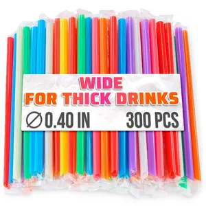 Large Pack of 300 Boba Straws Individually Wrapped – Thick Smoothie Straws Disposable for Milkshakes Bubble Tea Ice Lattes & Lemonade Bar Supplies – (0.4 Wide 9.25 Tall) 8 Colors Smooth Edges