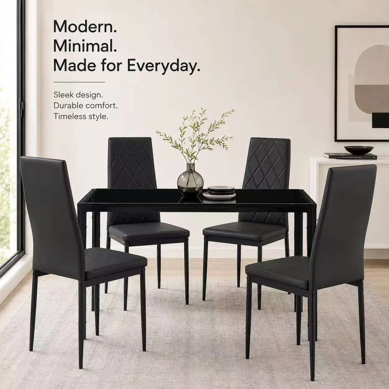 Black 5-Piece Dining Table Set for 4, Modern Tempered Glass Kitchen Table & Diamond PU Chairs, Space-Saving Rectangular Set for Apartments, Sturdy Metal Frame, Easy Clean & Assemble
