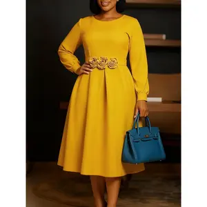 D602 Women's Plus Size Yellow Long Sleeve Dress Round Neck Rose Decor Waist Belt A-Line Midi Formal Cocktail Work Dress