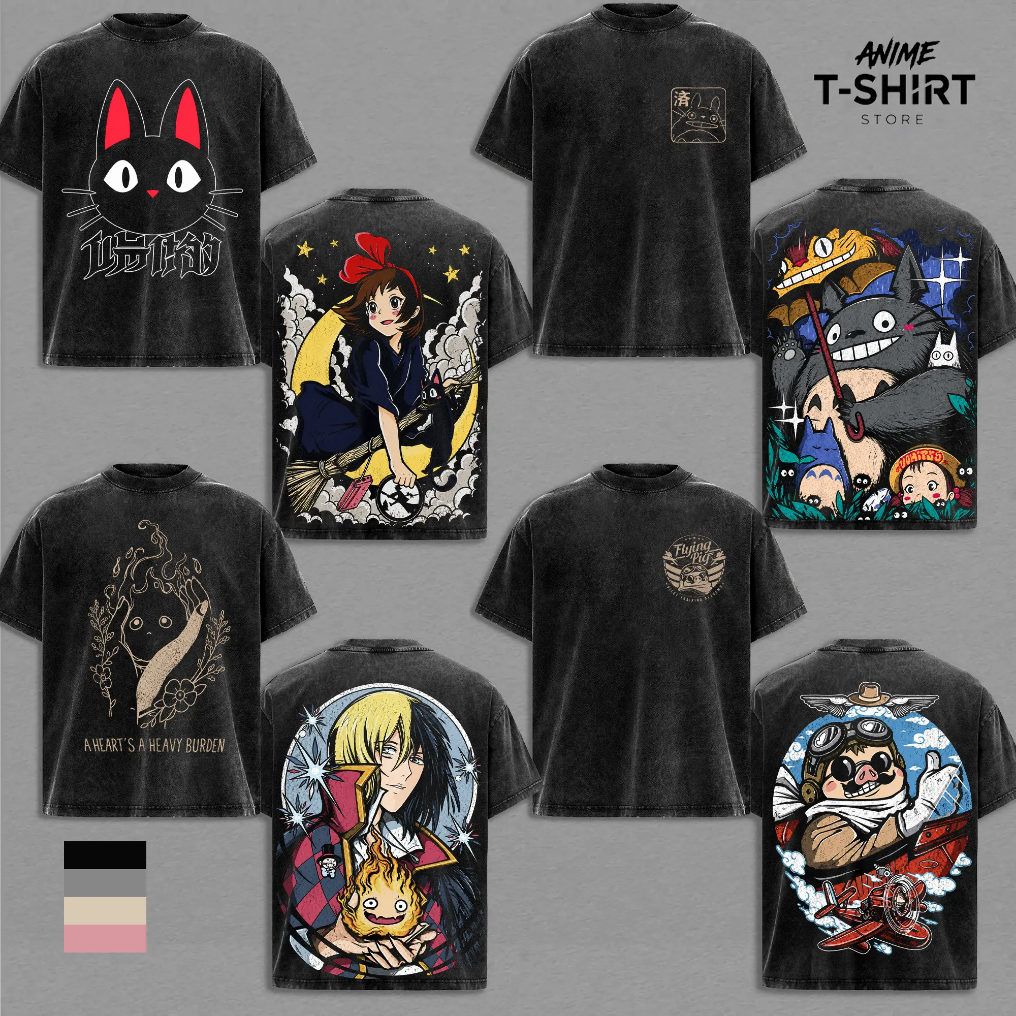 Studio Ghibli Collection Totoro Kiki, Totoro, Howl Pendragon, Porco Rosso Collection Anime Shirt Vintage Washed Graphic Tee Japanese Anime Merch Otaku Gift