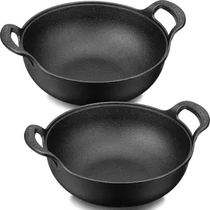 2 Sets Cast Iron Wok with Loop Handle 9.8 Inch Mini Wok Nonstick Coated Flat Bottom Wok Stir Fry Pans Pre Seasoned No Chemical Grilling Wok Suitable for Induction Electric Gas All Stoves, Black Cookware Cookware Cookware