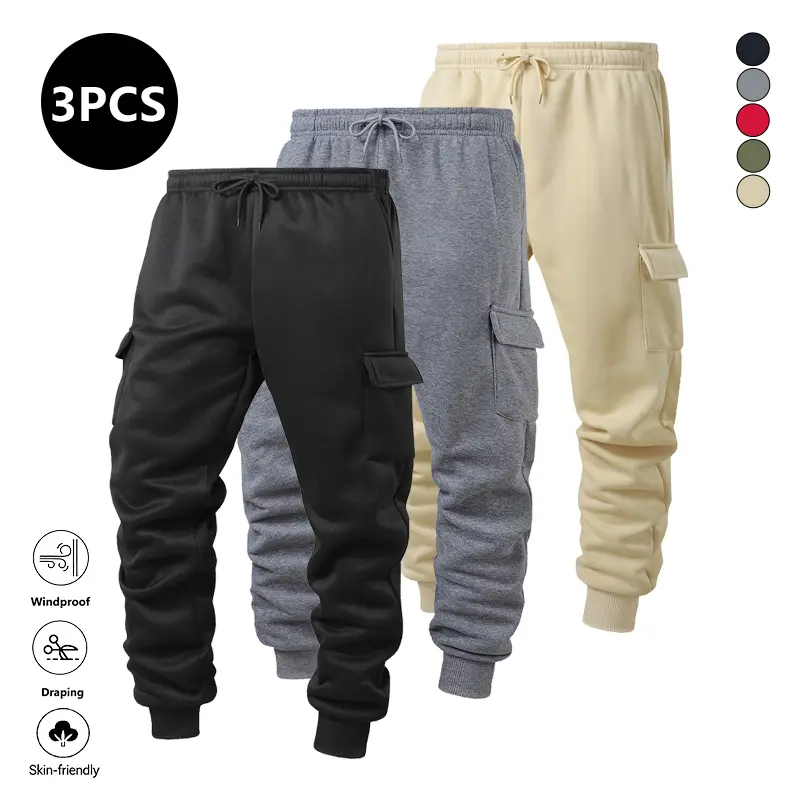 Clean Gent 3-Pack Men’s Solid Color Casual Slim Pants, stylish minimalist classic fit, elastic waistband with drawstring, side seam pockets, suitable for hiking, camping, running, and gym workouts