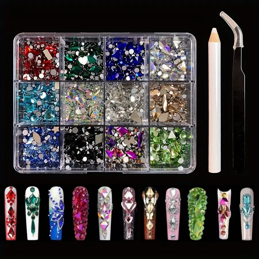 12-Color Flat Glass Glitter Rhinestones Set, Nail Art Rhinestones for Clothes, Bags, Shoes, Water Cups, Party Decorations, DIY Craft Supplies, Rhinestone Nail Charms