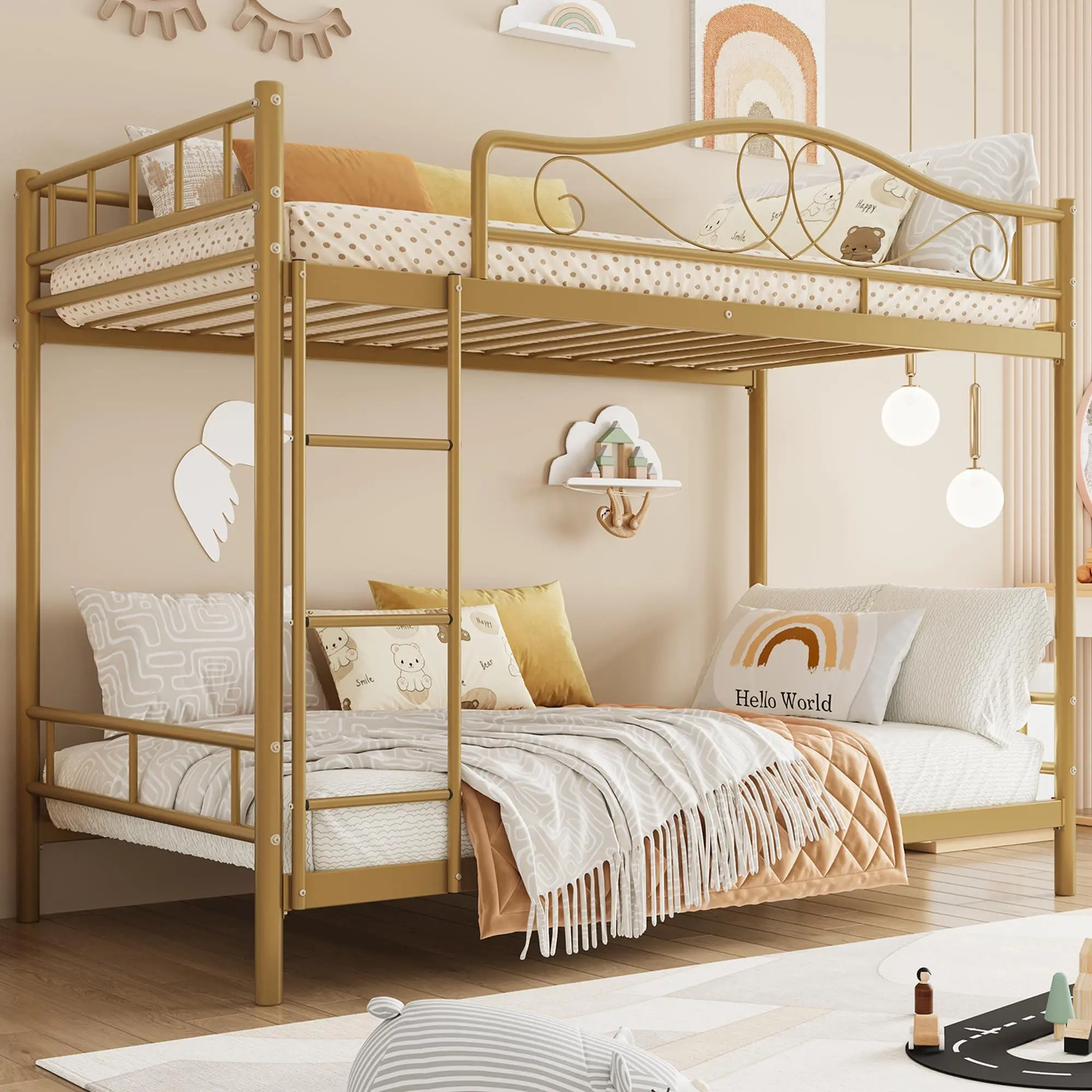 Bunk Bed Twin Over Twin, Heavy Duty Metal Bunk Bed with Safety Guardrail & Ladder, 400 LBS Weight Capacity, Space-Saving Design, Noise Free, No Box Spring Needed, Easy Assemble,Gold