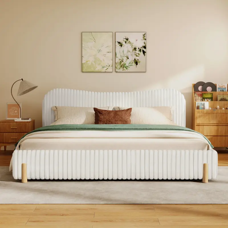 Christopher Knight Home ®   Sleek White Boucle Upholstered Bed with Wavy Headboard & Vertical Stitching, King