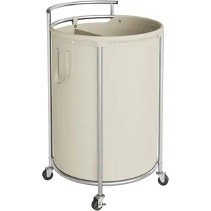 160L Double Laundry Hamper with Wheels, Rolling Laundry Basket with Removable Bag,Round Iron Laundry Cart with Steel Frame and Handle, Dirty Clothes Hamper Organizer for Dorm,Hoom(Beige)