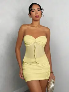 VRONA Lemon Single Shade Knotted Tube Bodice Pleated Bottoms Duo Resort Ensemble Mob Wife Trend