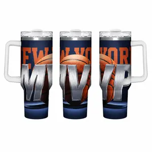 40oz Handle Insulated Travel Tumbler, 3D Metal Effect New York Basketball MVP Full Wrap Print 18/8 Stainless Steel Leak Proof Straw Water Mug, 24H Cold 12H Hot BPA Free NYC City Basketball Fan Gift for Men