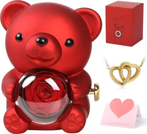Rose Bear Teddy with Necklace Gift Box for Girlfriend, Cute Forever Flower Bear Preserved Rose Romantic Gift for Her, Valentines Bear Eternal Rose Flower Bear Anniversary Decoration for Woman Mom