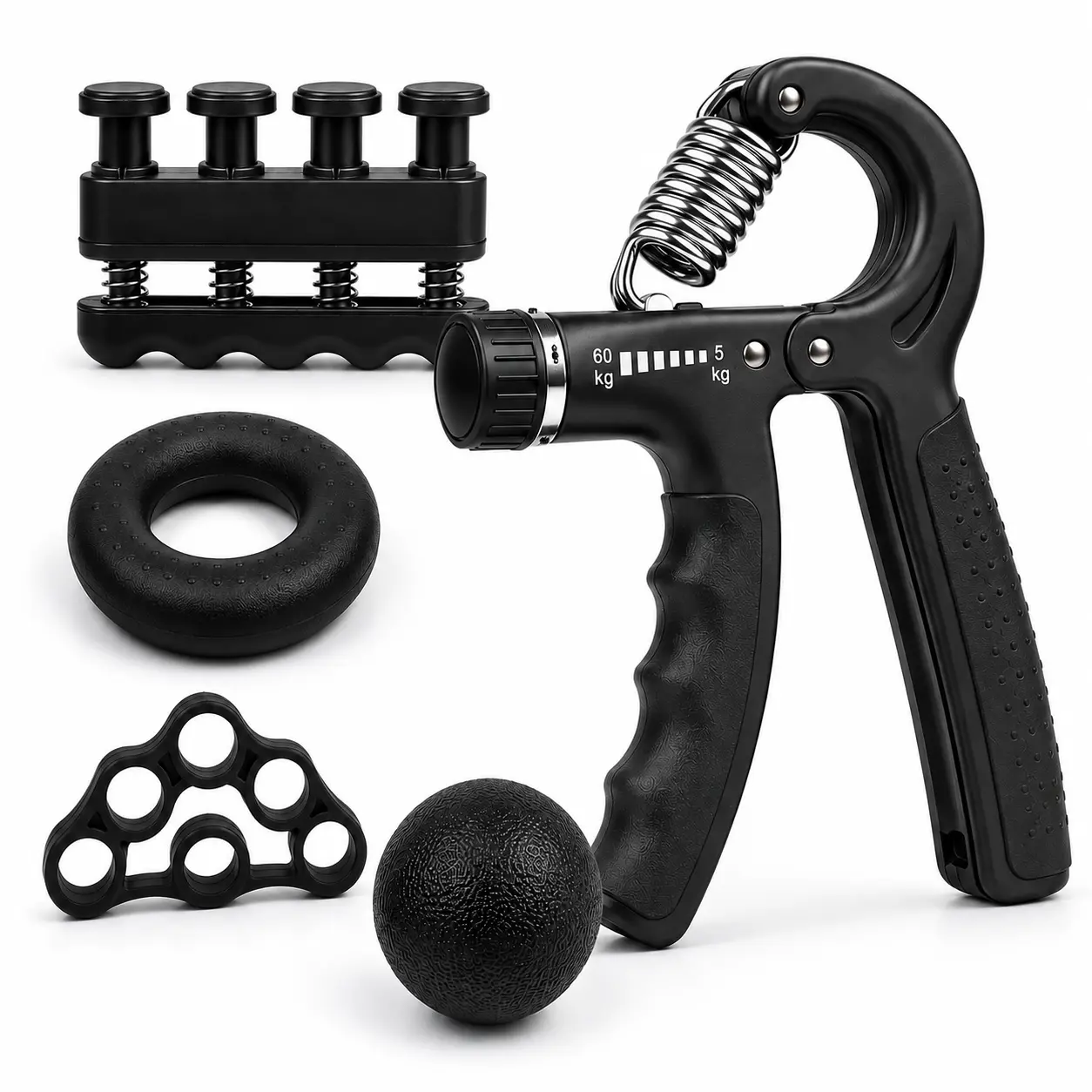Hand Grip Strengthener Kit with Counter, Adjustable 5-60kg Forearm Trainer, Finger Extensor, Grip Ring & Stress Ball for Strength Training