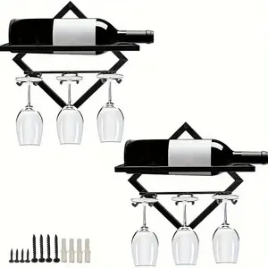 Metal Wine Rack with Glasses Holder, 1 Count Wine Bottle Holder with 4 Glasses Holder, Wine Glass Rack for Home Kitchen Restaurant Decoration