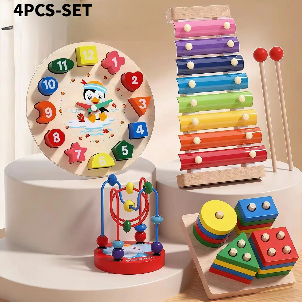 4PCS Wooden Educational Shape Sorter Toys for Kids 2-3 Years - Building Blocks, Xylophone, Puzzle for Early Childhood Cognitive Development (Colors, Music, Shapes, Numbers)