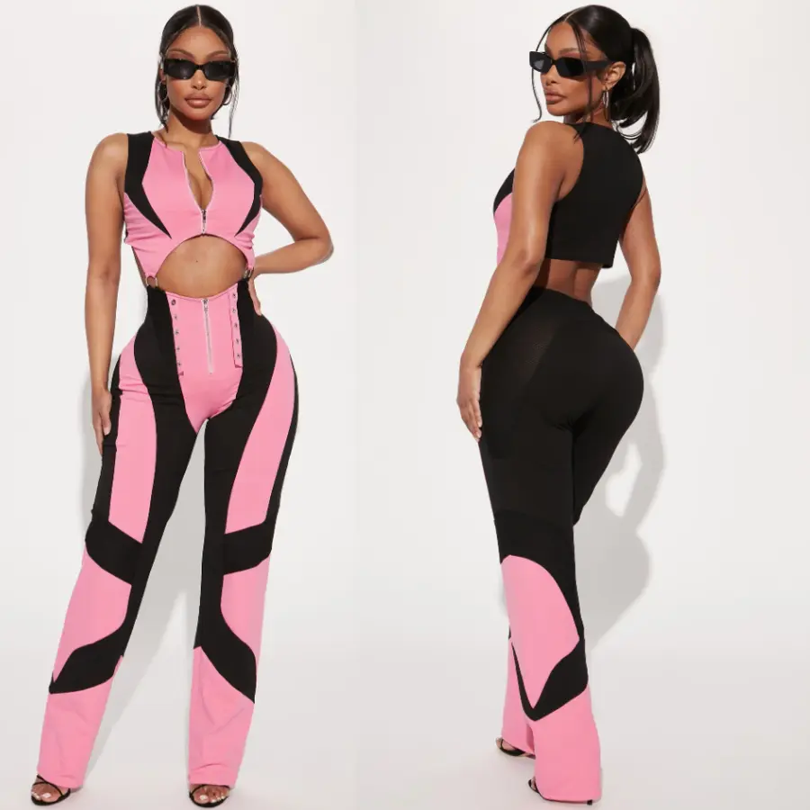 Women's Sexy Pink & Black Jumpsuit – Trendy Custom Romper for a Bold & Stylish Look