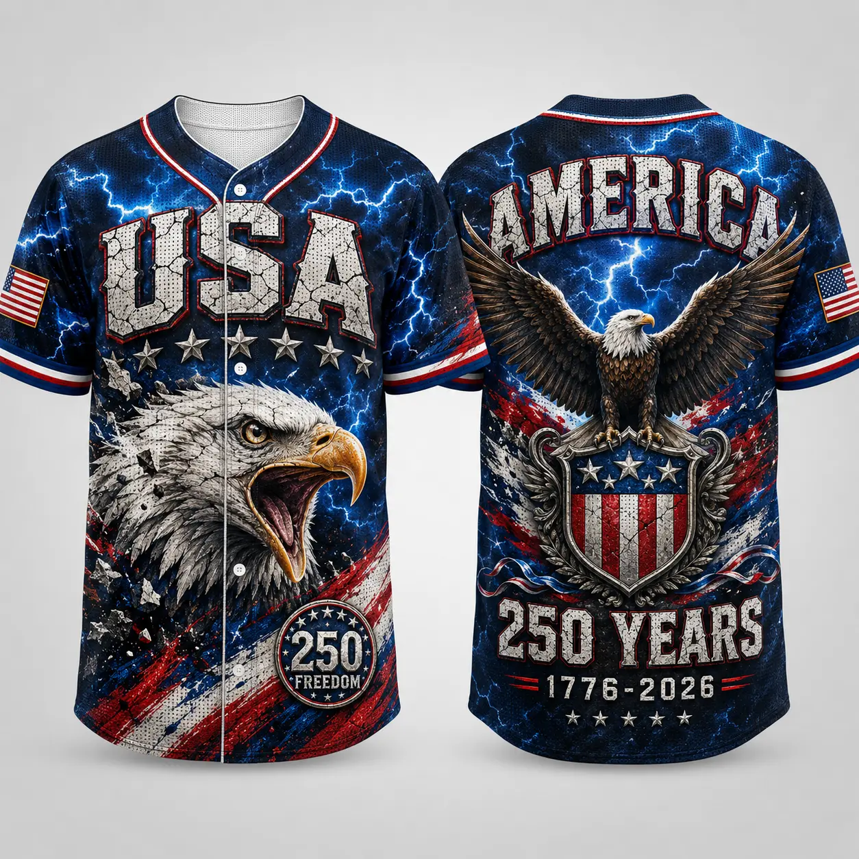 Men's Fashion Baseball Jersey, Short Sleeve Button-Down with Patriotic Eagle & USA Flag Graphic, 2026 USA 250 Inspired Design for July 4th & Holiday Parties, Patriotic Print