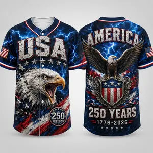 2026 USA 250 Navy Button Down Baseball Jersey for Men, Bald Eagle Graphic, America 250 Years Back Print, Lightning Flag Design, Shield Emblem, Short Sleeve Patriotic Baseball Top for July 4th Game Day and Party Wear
