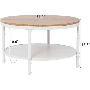 31.5" Natural White Round Farmhouse Coffee Table, 2-Tier Storage Wood Center Circle Accent Table for Living Room, Bedroom, Apartment, Studio and Small Spaces, Sturdy Metal Frame, Natural Color