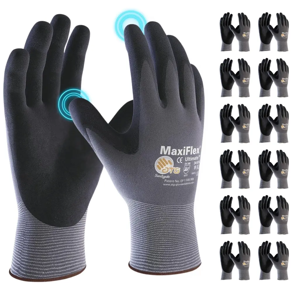 6 - 12 - 24 Pairs MaxiFlex Ultimate 34-874 Work Gloves, Micro-Foam Nitrile Coated Gloves with Excellent Grip, Flexible Lightweight Design for Mechanics, Gardening, Construction & General Work