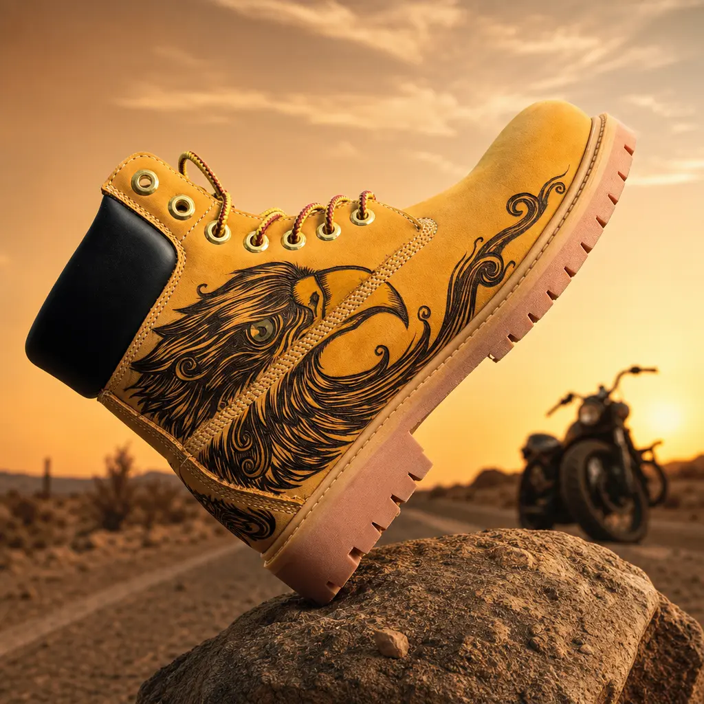Handmade wood-engraving craft doesn’t fade and can be customized. American work boots, men high-top boots, non-slip, durable and wear-resistant, outdoor hiking and mountaineering boots, fashionable denim street boots, motorcycle boots. Work boots