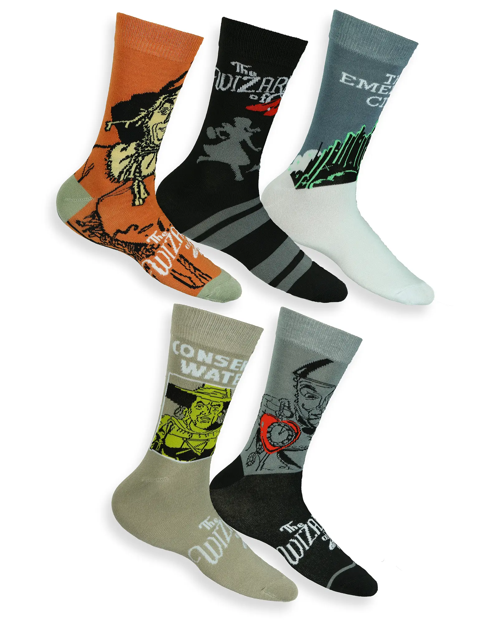 The Wizard of Oz Socks Character Designs Adult Mid Calf Crew Socks 5 Pair Fits Shoe Size 8-12