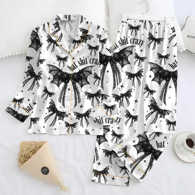 Gothic Bat Bow Satin Pajama Set, Black Halloween Sleepwear, Coquette Style Lounge Set, Women's Spooky Nightwear, Cute Gift
