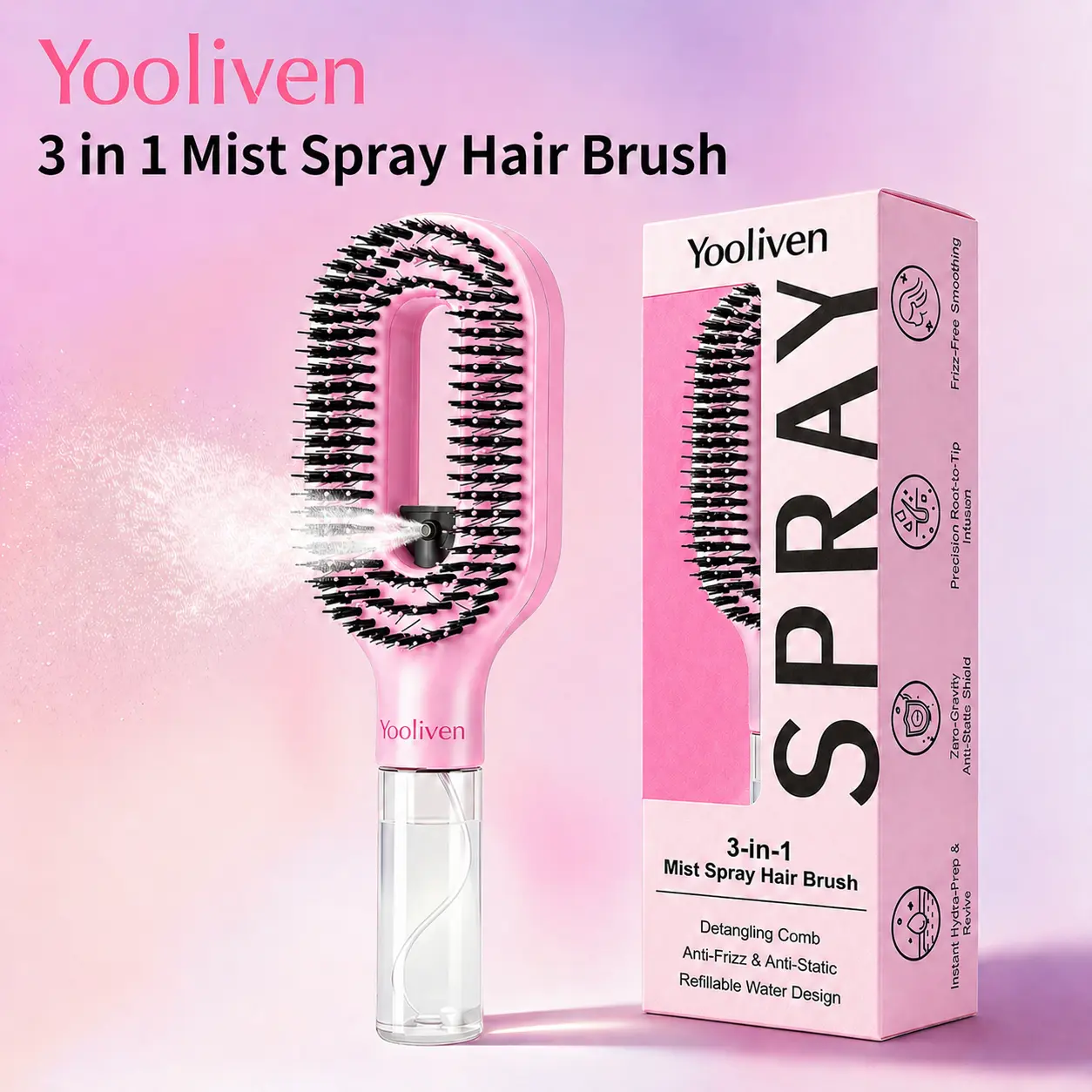 SummerFinds Yooliven 3-in-1 Mist Spray Hair Brush - Anti-Frizz Ionic Detangling Comb with Refillable 55ml Water Tank, Dual Bristle Design with Massage Tips for Dry, Curly & Thick Hair, Effortlessly untangle knotted hair ZY