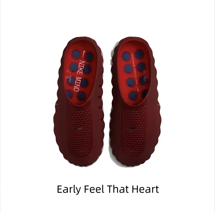 Slip-on massage recovery slides with matte burgundy wavy outer shell and bright red dotted acupressure insole, breathable mesh toe panel relieves foot fatigue after workouts, showers and casual outdoor walks.