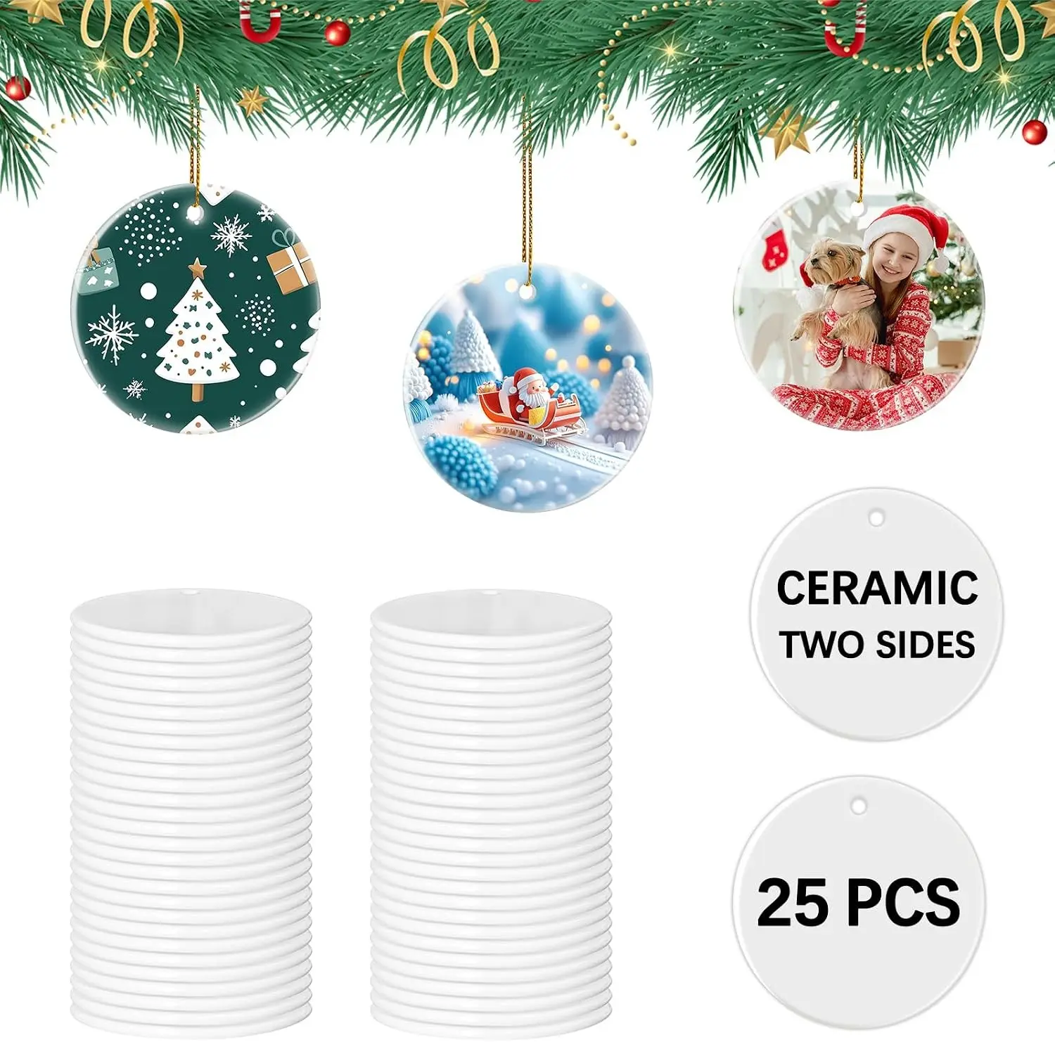 25 PCS Sublimation Ceramic Ornament Blank 3 inch White Round Christmas Ceramic Decoration Crafting DIY Personalized Home Decor Bulk Two-Sided Printed