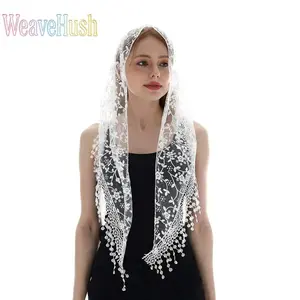 Triangle Lace Mantilla Veil, Sheer Tulle Scarf Covering Head Wrap, Elegant Catholic Church Veil for Mass, Classic Bridal Headpiece, Triangle Lace Veil for Wedding Bridesmaids Formal Religious Occasions