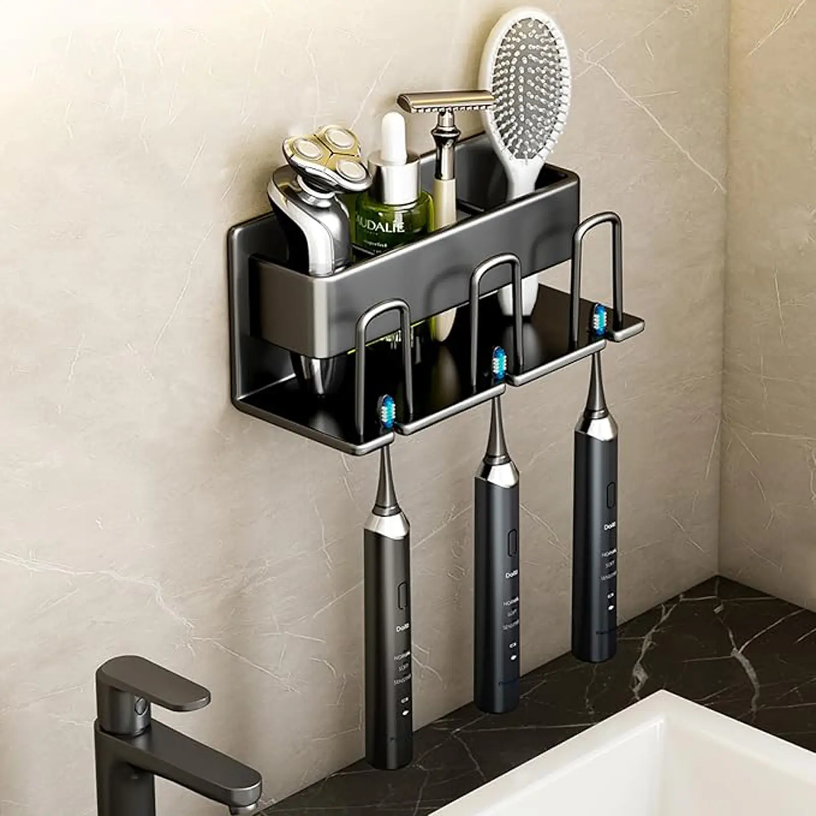 Modern Stainless Steel Wall-Mounted Toothbrush and Toothpaste Holder, 3-Slot No-Drill Organizer for Electric Toothbrushes, Bathroom Accessory