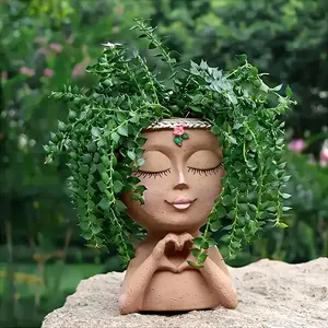 1pc Coffee Brown Face-Shaped Flower Pot & Makeup Brush Holder: Multifunctional Decorative Art Sculpture. Indoor pot with drainage holes, ideal for mini succulents. Also for desk/vanity decor, organizer, artistic accent & makeup brush storage. Great Gift